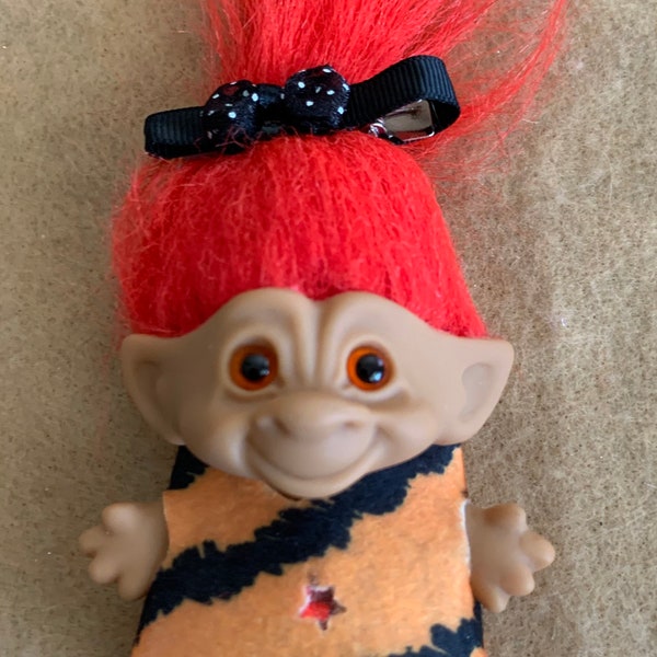 3 Inch Ace Novelty Troll Doll with Orange Hair, Eyes, Belly Gem, Hand Sewn Orange and Black Animal Print Dress
