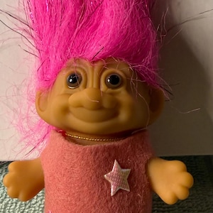 3” Russ Troll Doll, 1980s with New Hand Made Pink Felt Dress with Stars on Front & Snap Closure, Pink Hair with Tinsel