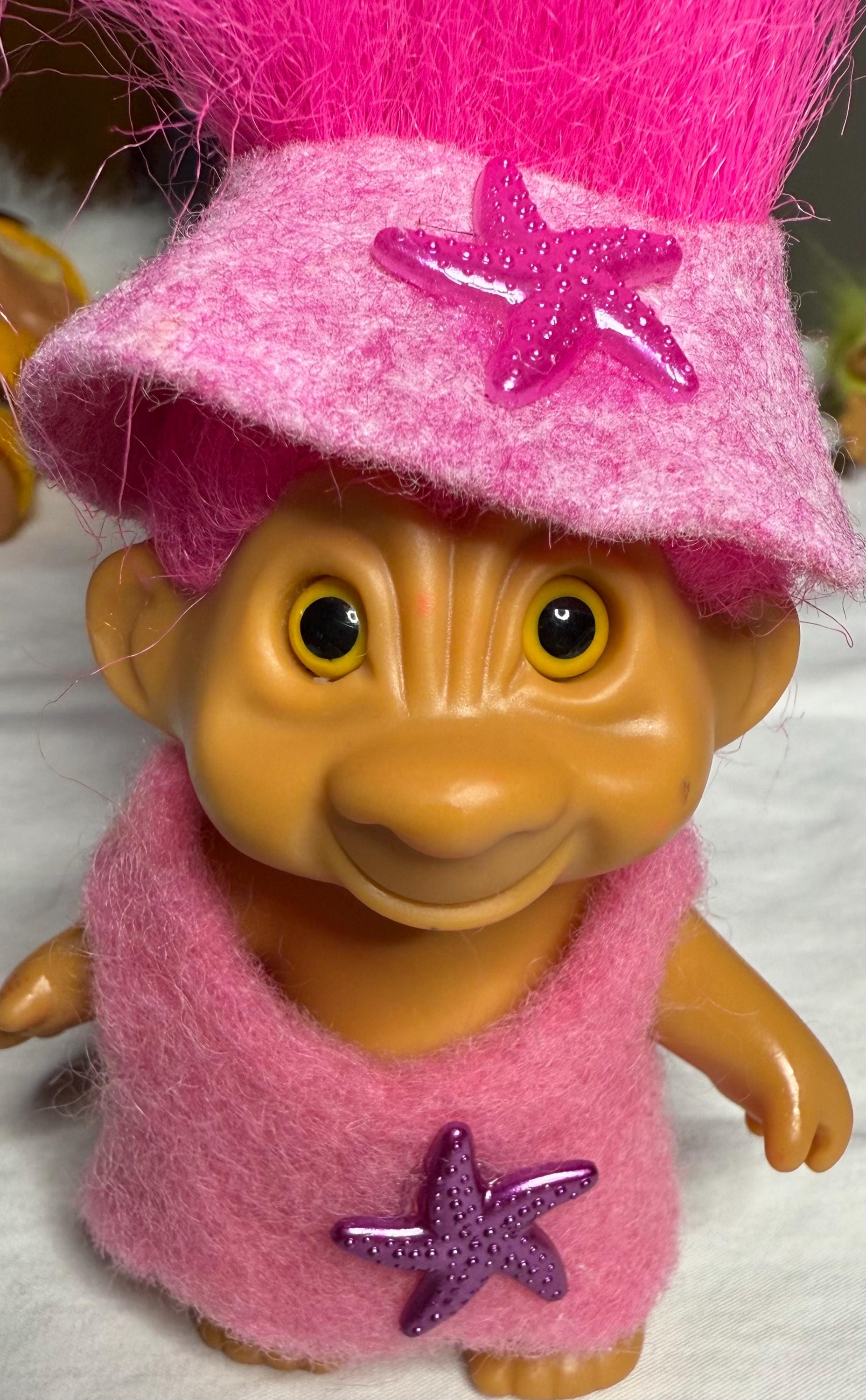 3 Inch Vintage Troll Doll with Pink Hair, Yellow Eyes, Hand Sewn Pink Felt Outfit with Purple Starfish, Pink Felt Headband with Starfish