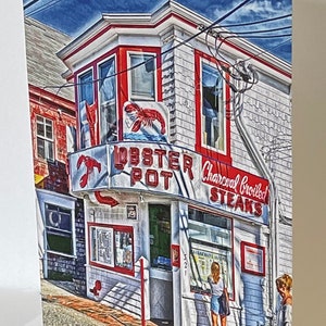 May include: A red and white building with a sign that says "Lobster Pot Charcoal Broiled Steaks". There are two people standing in front of the building.