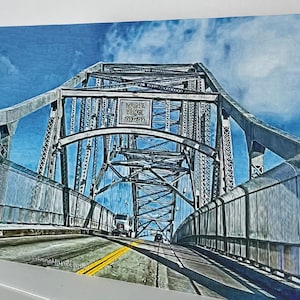May include: A black and white illustration of a bridge with a sign that reads "Bay State Bridge 1931-1933". The bridge is made of steel and has a road going over it. The sky is blue with white clouds.