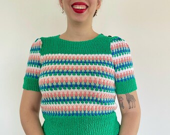Hand Knitted Cotton Green Sweater From Vintage Rainbow Jumper Pattern