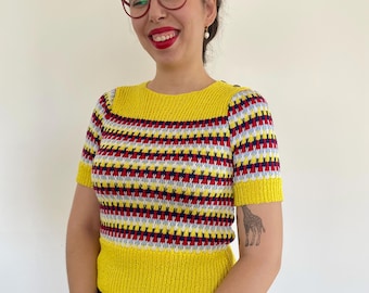 Hand Knitted Yellow Sweater From Vintage Rainbow Jumper Pattern
