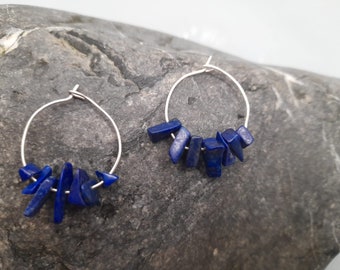 SALE Sterling Silver Small Lapis Lazuli Hoop Earrings