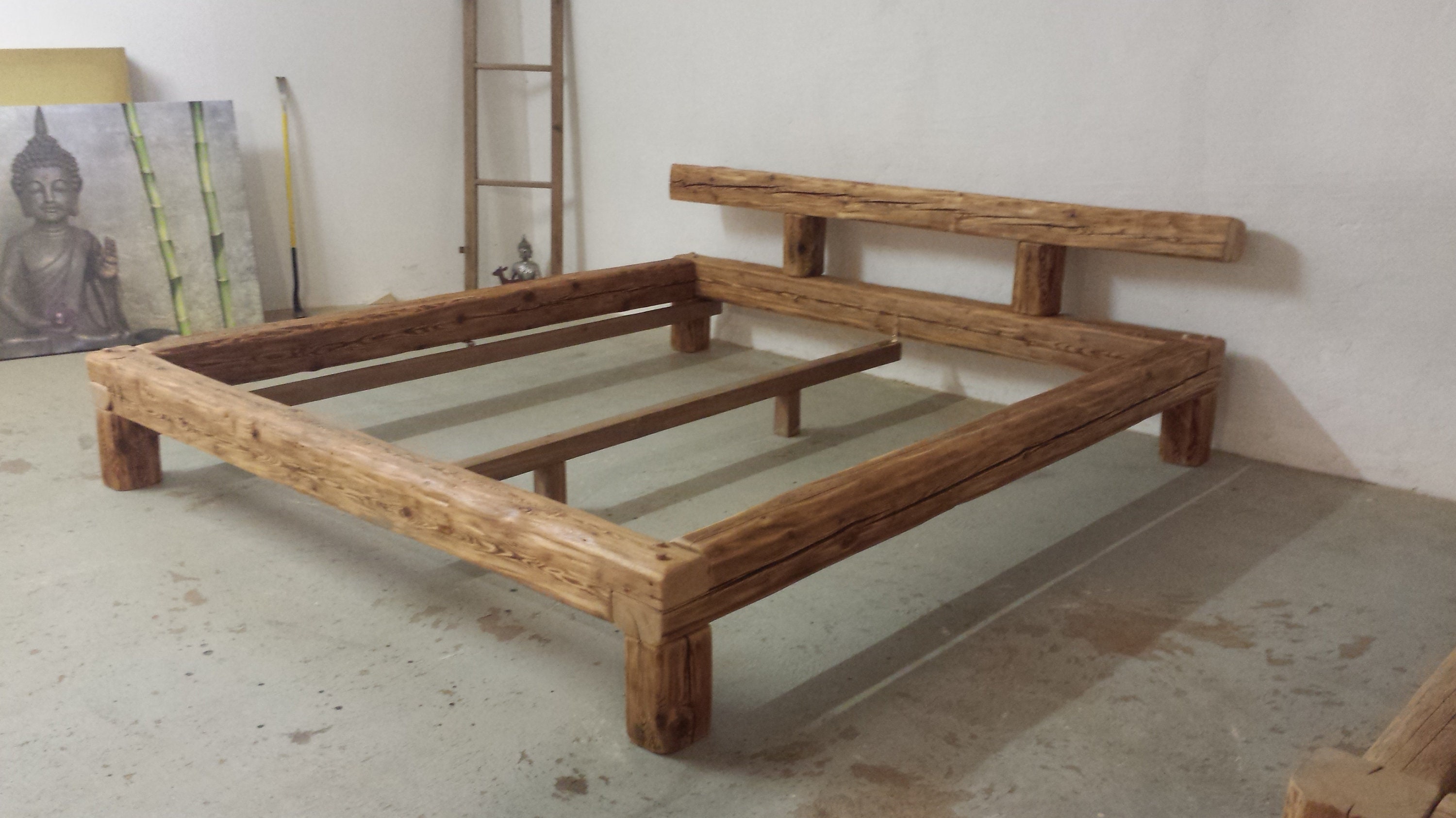 Wood Beam Bed 200 200 Cm Hand-chopped Wooden - Etsy