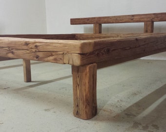 Old wood beam bed 180 x 200 cm, hand-chopped, wooden nails