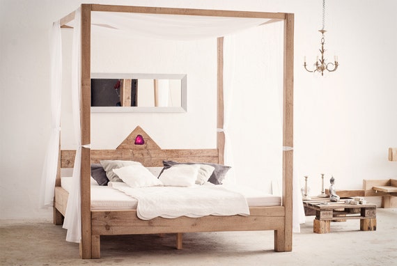 Canopy Bed With Reclaimed Wood 180 X 200 Cm With Agate LED Etsy