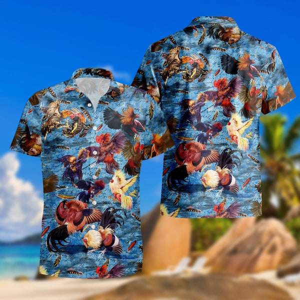 Chicken Rooster Fighting Tropical Summer Beach Hawaiian Shirt, Rock Band Hawaiian Shirt, Hawaii Honeymoon Shirt, Tropical Beach Shirt