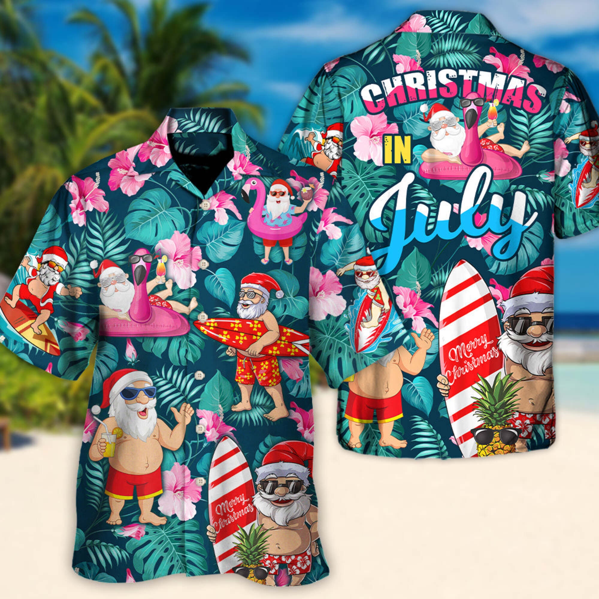 Christmas in July Santa Claus Tropical Hawaiian Shirt Xmas