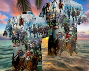 Kentucky Derby Horse Racing 3D Hawaiian Shirt, Horse Racing Shirt, Horse Racing Shirt, Hawaii Style Shirt, Sunset Horse Racing Shirt