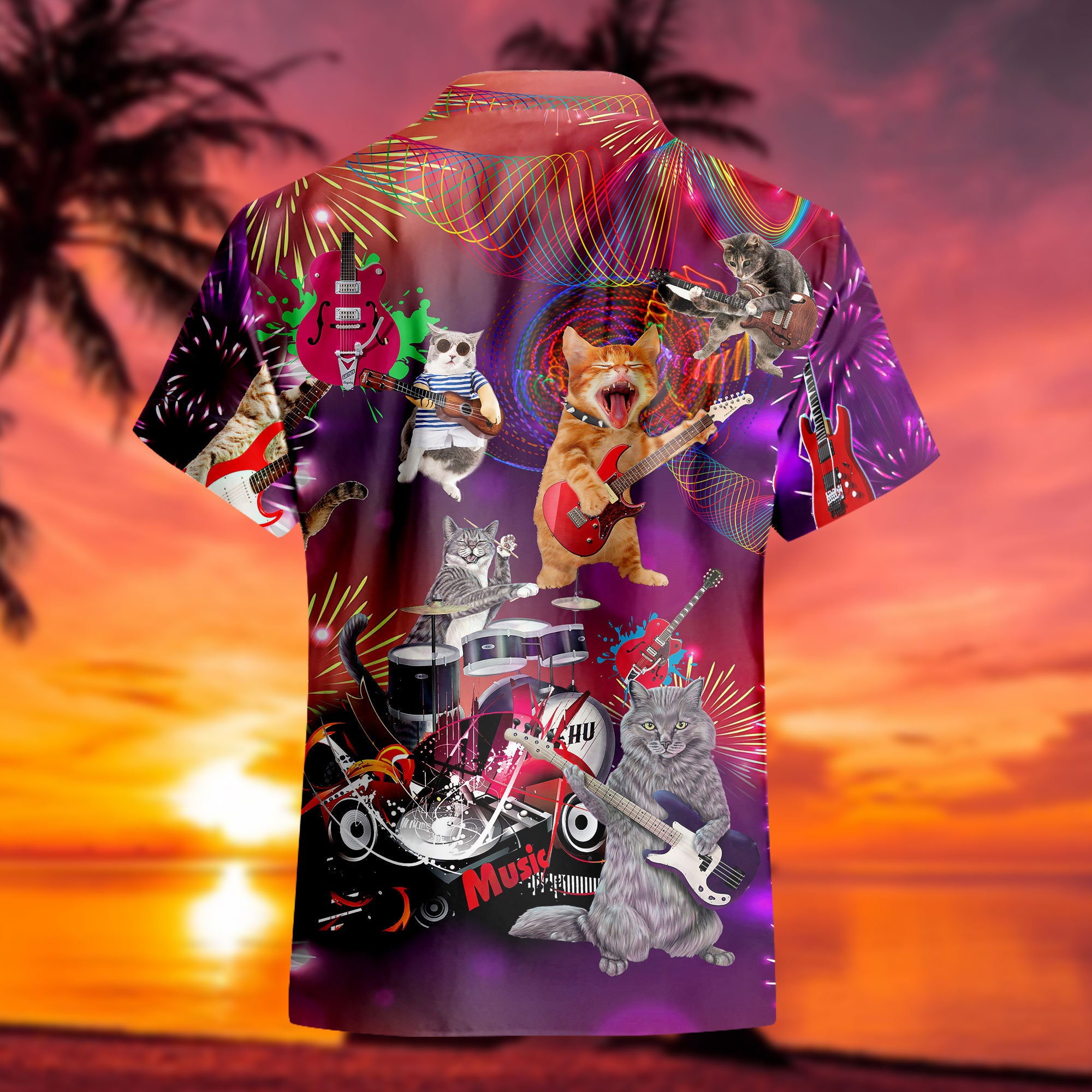 Rocker Cat Hawaii Shirt, Rock Band Hawaiian Shirt, Rockstar Cat Aloha Shirt, Anniversary Gift, Animal Lover Hawaii Shirt, Cat Lover Gift