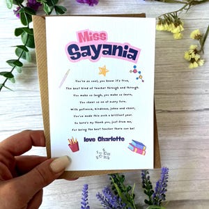 Biglietto di ringraziamento personalizzato per l'insegnante - Biglietto con poesia testurizzata in formato A6 - Regalo per insegnanti di scuola secondaria - Maschio o Femmina - Biglietto di fine anno. Rosa e viola
