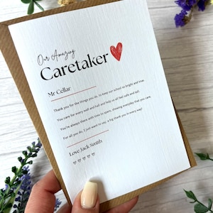 Biglietto di ringraziamento personalizzato per il custode - Poesia di fine trimestre, regalo per bambini / Biglietto di ringraziamento per la scuola / Ricordo per il personale di supporto