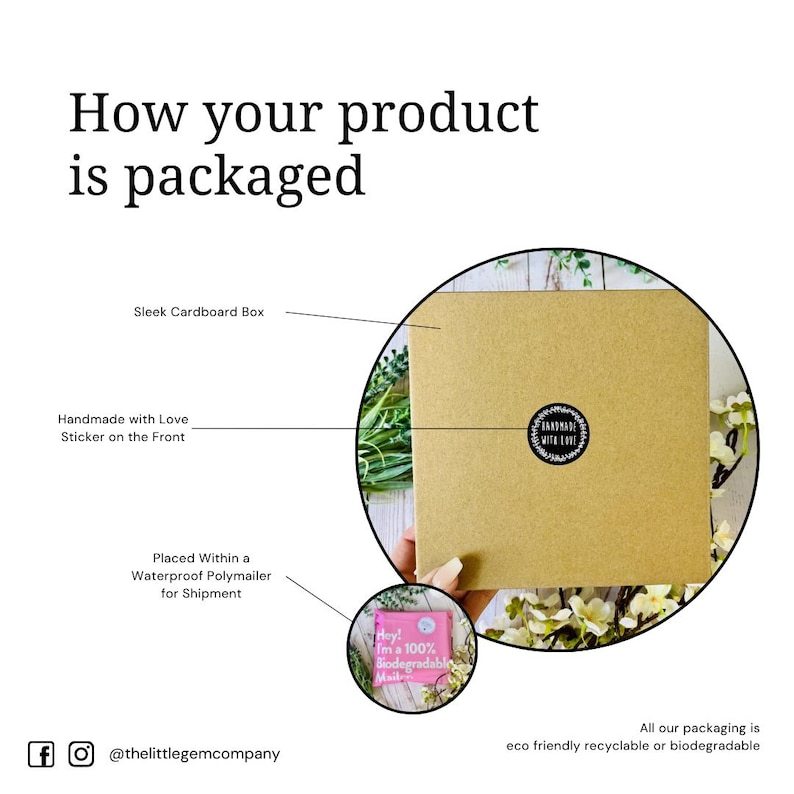 May include: A brown cardboard box with a "Handmade with Love" sticker on the front. The box is placed inside a pink and white polymailer with the text "Hey! I'm a 100% Biodegradable Mailer". The text "All our packaging is eco friendly recyclable or biodegradable" is at the bottom of the image.