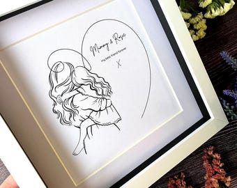 May include: A black and white line drawing of a mother and daughter hugging inside a white frame. The text "Mommy & Rose my best friend forever" is written in a cursive font.