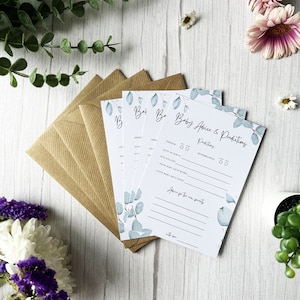 Kaarten met voorspellingen en advies voor babyshowers - groen eucalyptusbladontwerp. Perfect voor babyjongen/meisje. Leuk spel voor aanstaande ouders