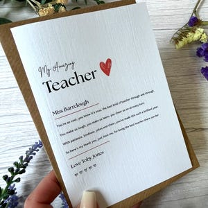 Personalisierte Lehrer Dankeskarte - Gedicht vom Kind zum Schulende | Benutzerdefinierter Name | Schulleiter, TA, SEN, Lehrer, Hausmeister oder Schulangestellte