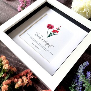 May include: A white framed print with a black mat. The print features a watercolor illustration of a poppy and gladiolus flower with the text "You're a Flower of August. Symbolizing a blend of strength, passion & emotional depth, you are strong & independent with a vibrant energy. Poppy - Gladiolus".