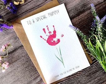 Tarjeta floral personalizada con huella de mano / Recuerdo del primer Día de la Madre