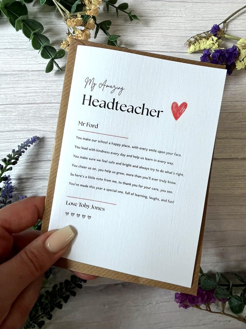 Personalised Headteacher Thank You Card – End of Term Poem Gift - Etsy