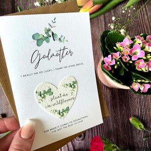 Pflanzbare Samen-Herz Karte für Patin - Blatt-Design. Wildblumen züchten. Perfekt für die Taufe | Taufe | Muttertag | Geburtstag