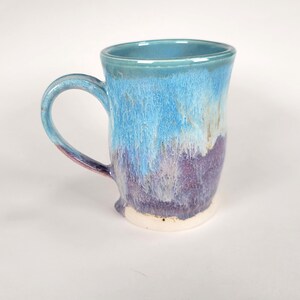 pottery mug, blue mug, purple mug, drippy mug