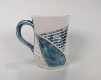 Handmade Pottery Mug, Blue and White Geometric Design, 14 oz