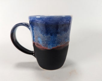 blue and black mug, blue, red, black pottery, handmade pottery, blue pottery, blue coffee mug, black coffee mug