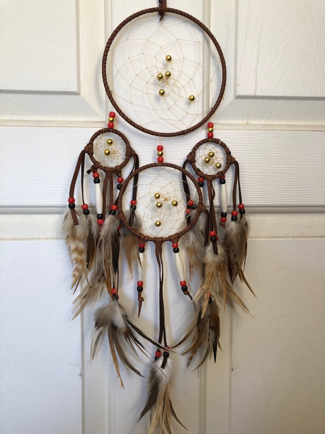 Native American Style Leather Dreamcatcher With Feathers and Beads - Etsy