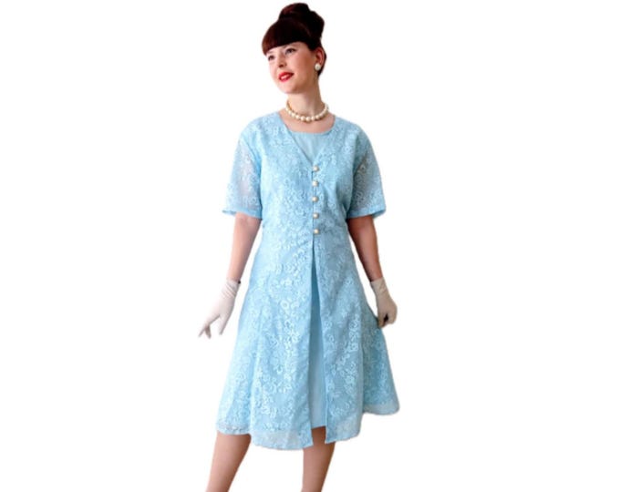 Plus Size Lace Midi Dress - Light Blue  – 1950s Retro Style – Wedding & Ceremony – Vintage 90s Deadstock – 4×L/5×L