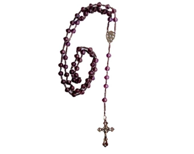 French Antique Rosary 1900's 19th Century  – Brass Filigree Crucifix – Purple Beads – Catholic Religious Crucifix Prayer