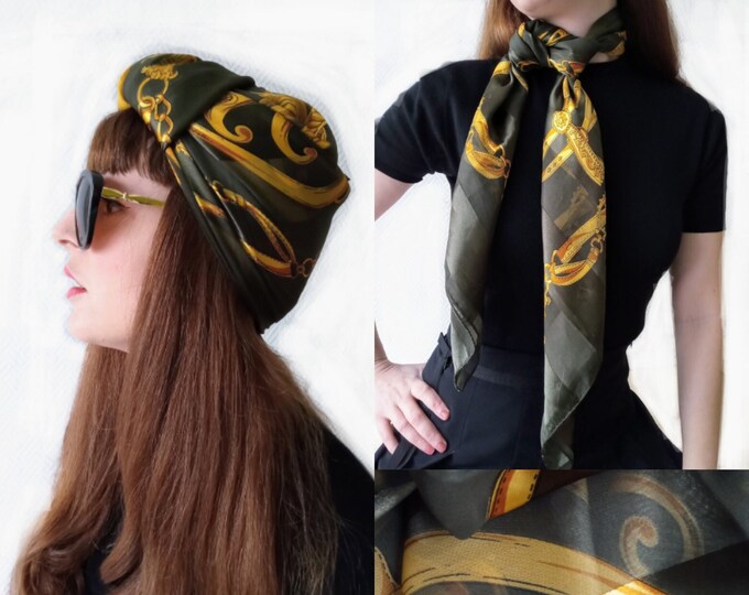 Vintage 80s baroque green and gold scarf //Vintage 1980's baroque green and golden colors scarf