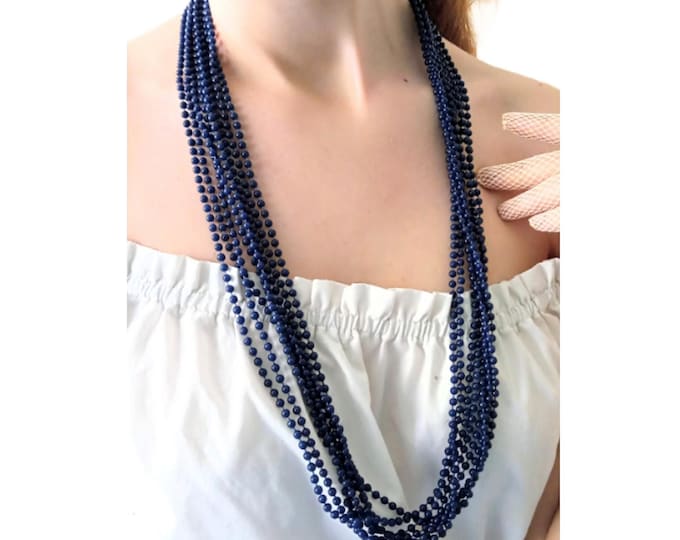 Vintage Navy Blue Pearl Necklace – 1950s Retro Style – Multiple Rows – Pin-Up Rockabilly Jewelry