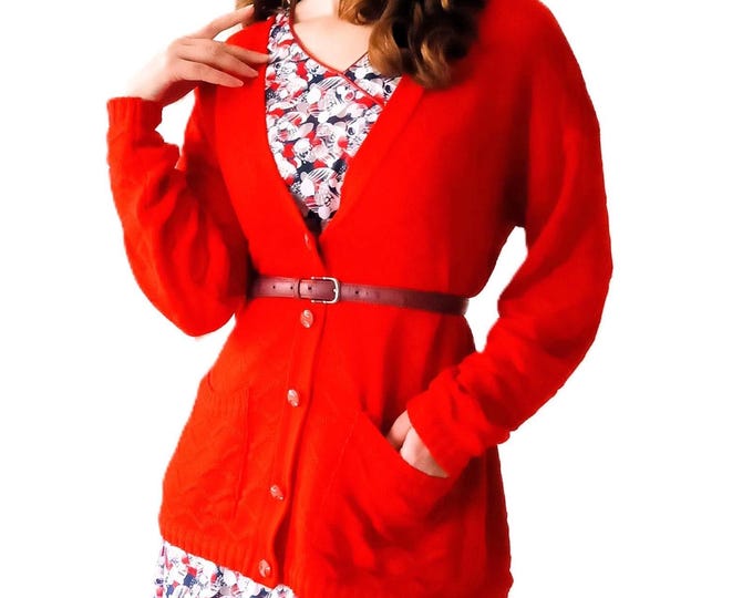 Gilet Rouge Grande Taille Vintage - Fabriqué en France - Années 80 - Boutons Bijoux - Classic & Intemporel - 5×L (50/52)