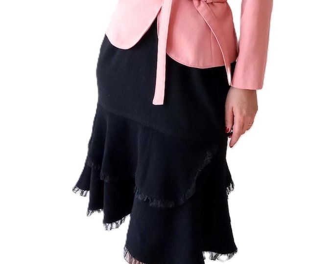 Retro Black Lace Ruffled Skirt - 1950s Pin-Up Style - Cocktail, Party, Formal Wear - Vintage 80s - Size M
