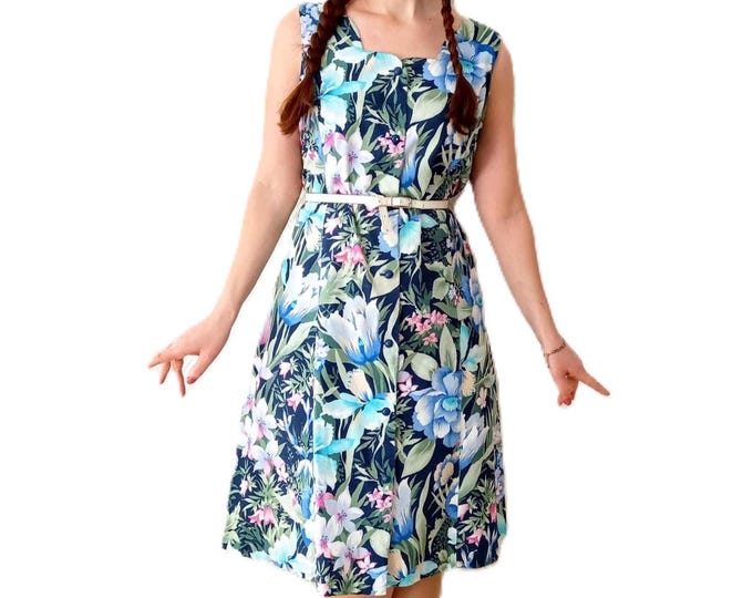 Robe Rétro Floral Esprit Pin-up - Style Hawaïen années 50 - Fabriqué en France - Vintage Années 80 - XL (42)