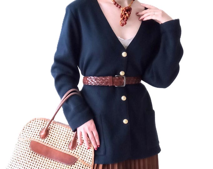 Plus Size Classic Navy Cardigan - Women Long Vest - Vintage 80s - Made in France - 6×L/7×L (52-54)
