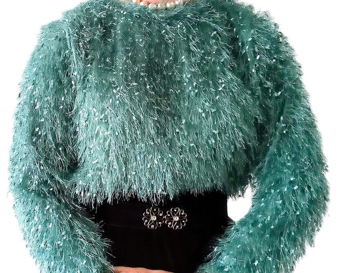 Green Hairy Mesh Fluffy Jumper - Festive Christmas Sweater - Made in Italy - Vintage 90s - L