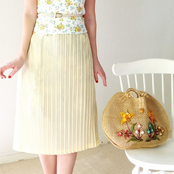 Jupe vintage années 70 TAILLE UNIQUE jaune plissée style années 50// Vintage 1970's does 50's pleated yellow skirt