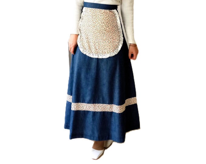 Jupe Longue en Jean Vintage Années 70 - Avec Tablier fleuri - Style Prairie Bohème Hippie - XXS/XS (32/34)