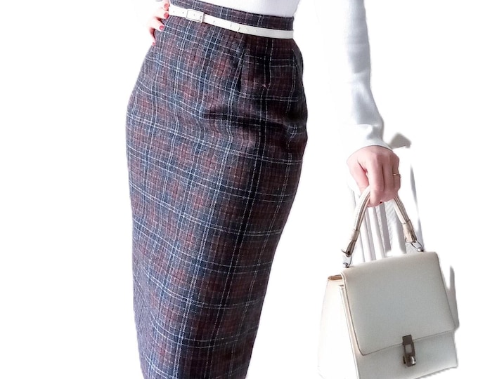 Retro Tartan Wool Vintage Skirt – Grey - 50's Pin-Up Style – Knee Length – 80s – S/M