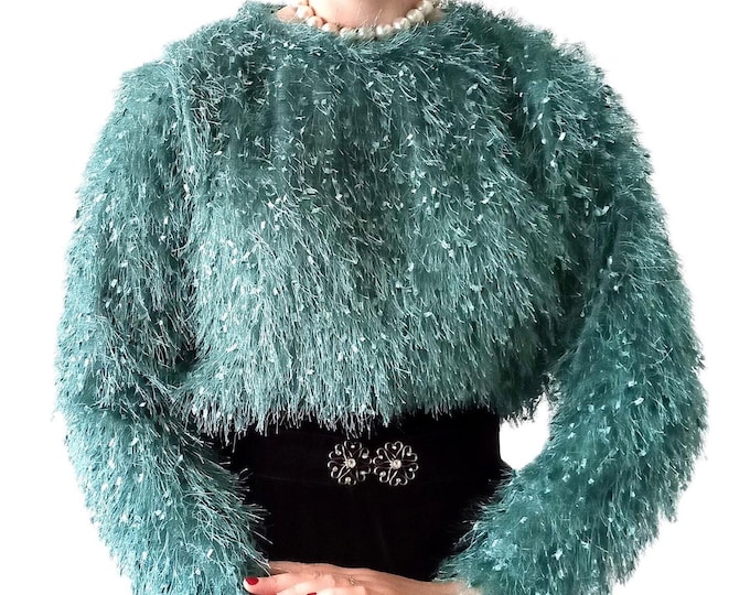 Pull de noël mailles poilues vintage fabriqué en Italie festif duveteux cocooning doux  rétro années 90 vert émeraude T40