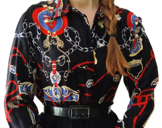 Old Money Baroque Women Blouse - Chain, Crest and equestrian Print - Vintage 80's - L/XL