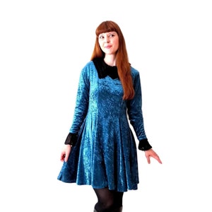 Blue Velvet Skater Dress Long Sleeves - Babydoll Lolita Gothic Style - Vintage 90s - Size M