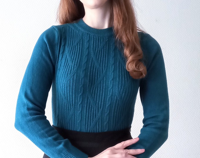 Vintage 90s sweater T36/38 openwork duck blue// Vintage 1990's S/M open work pigeon blue jumper