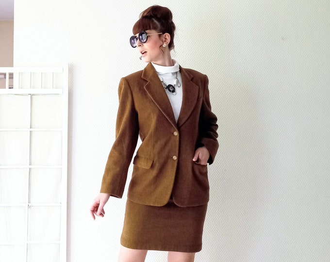 Suit vintage skirt 1990's in wool brown cauldron //Vintage 1990's wool brown cauldron skirt suit