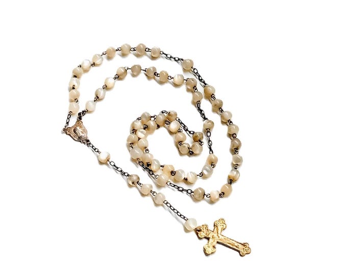 Vintage French 1900 Catholic Rosary – White Nacre Beads – Authentic Religious Gift