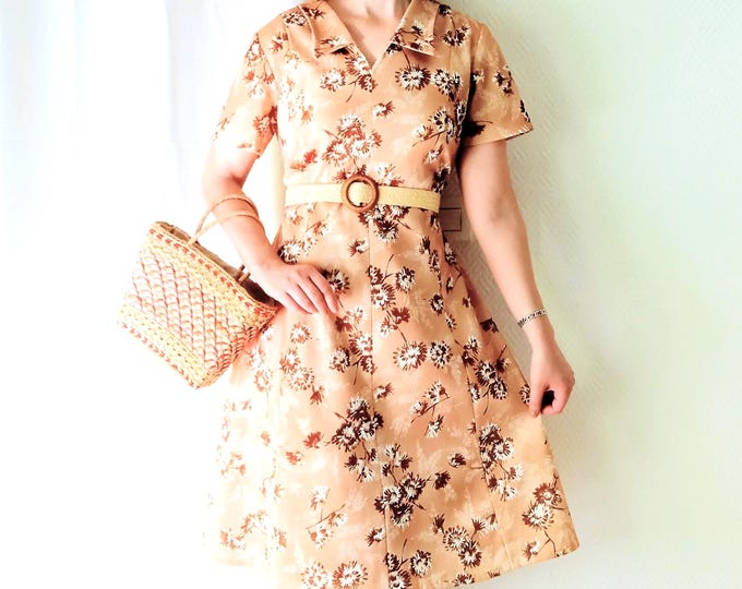 Robe Midi Vintage 70s à Fleurs Champêtre Beige et Marron - Style Cottagecore XL (42)