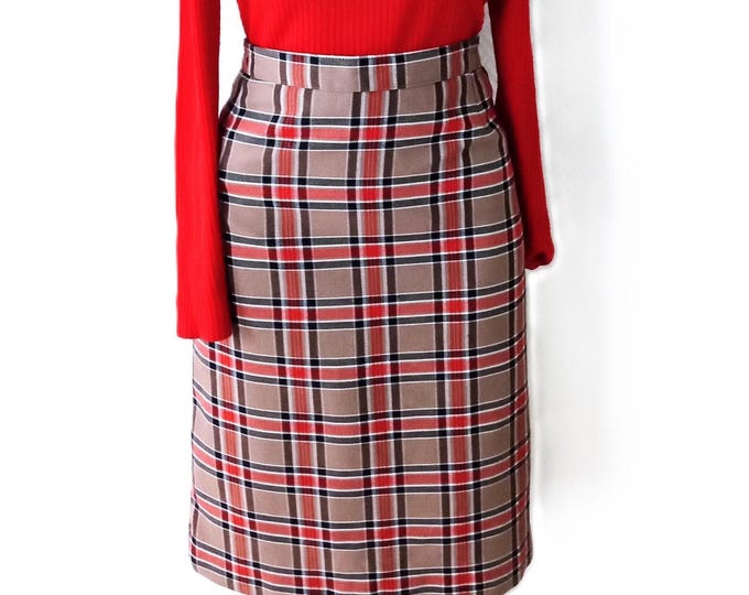 Tartan Retro Pencil Skirt - Fall Colors Brown Red - Made in France - 1950s Style Rockabilly - Vintage 80s - M/L