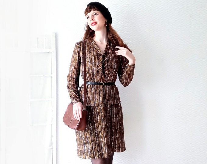 Vintage 80s dress T40 brown tie neck 40s style // Vintage 1980's does 40's L tie neck brown dress